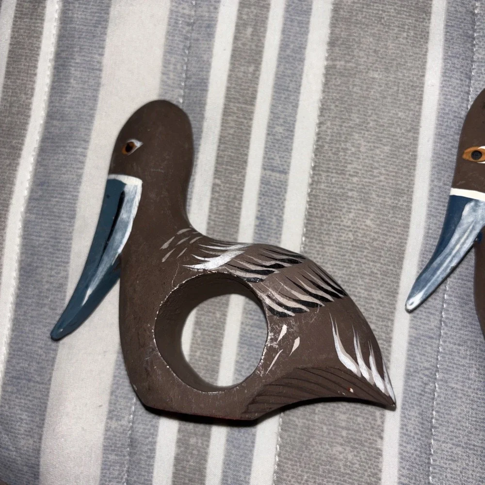6 Pelican Napkin Ring Holders Wood Hand Carved Beach Bird Coastal Nautical